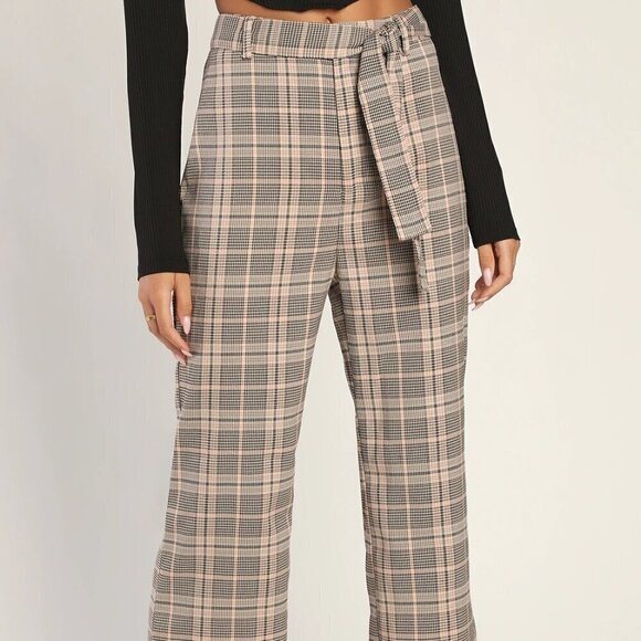 LULU'S Making a Statement Pink Multi Plaid Tie-Front Trouser Pants Women's Sz.L - Picture 2 of 7